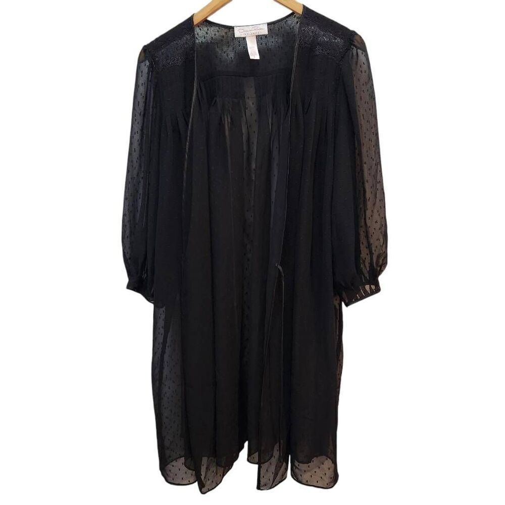 Oscar De La Renta Pink Label sheer black dotted robe puff sleeve wrap small